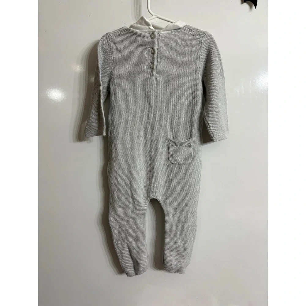 Jane and Jack Baby Knit Romper Gray White Collar Long Sleeve One-Piece‎